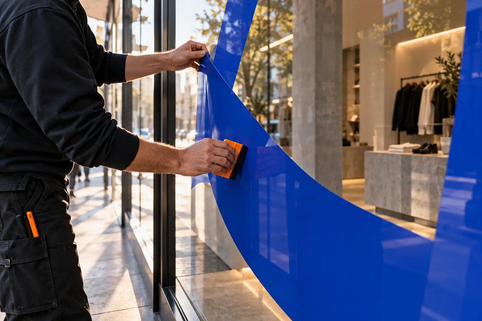 Aplicação cuidada de vinil azul numa montra comercial